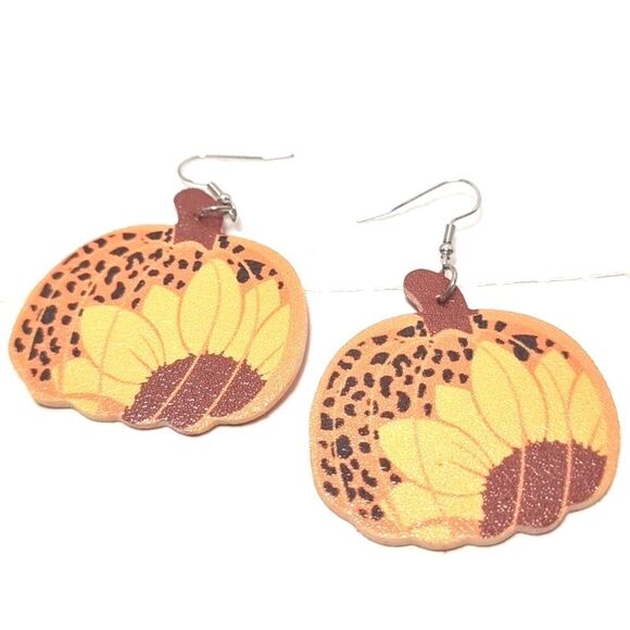 PUMPKIN SUNFLOWER LEOPARD PRINT cute fun fall whimsical earrings - Picture 1 of 6